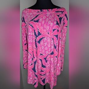 Lilly Pulitzer Waverly Top Sz XL Flamingo Pink Blue Floral Resort Pineapple